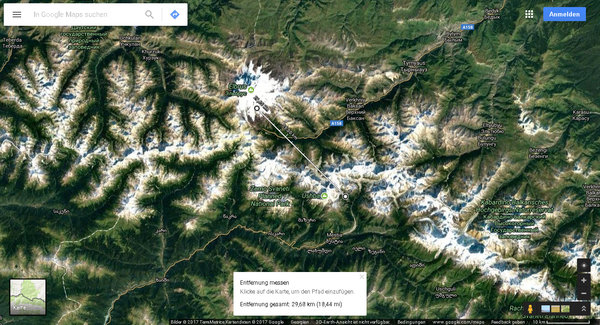 Entfernung vom Chalaad Gletscher in Georgien zum Elbrus/Russland, wo ich letztes Jahr war. Knapp 30km.